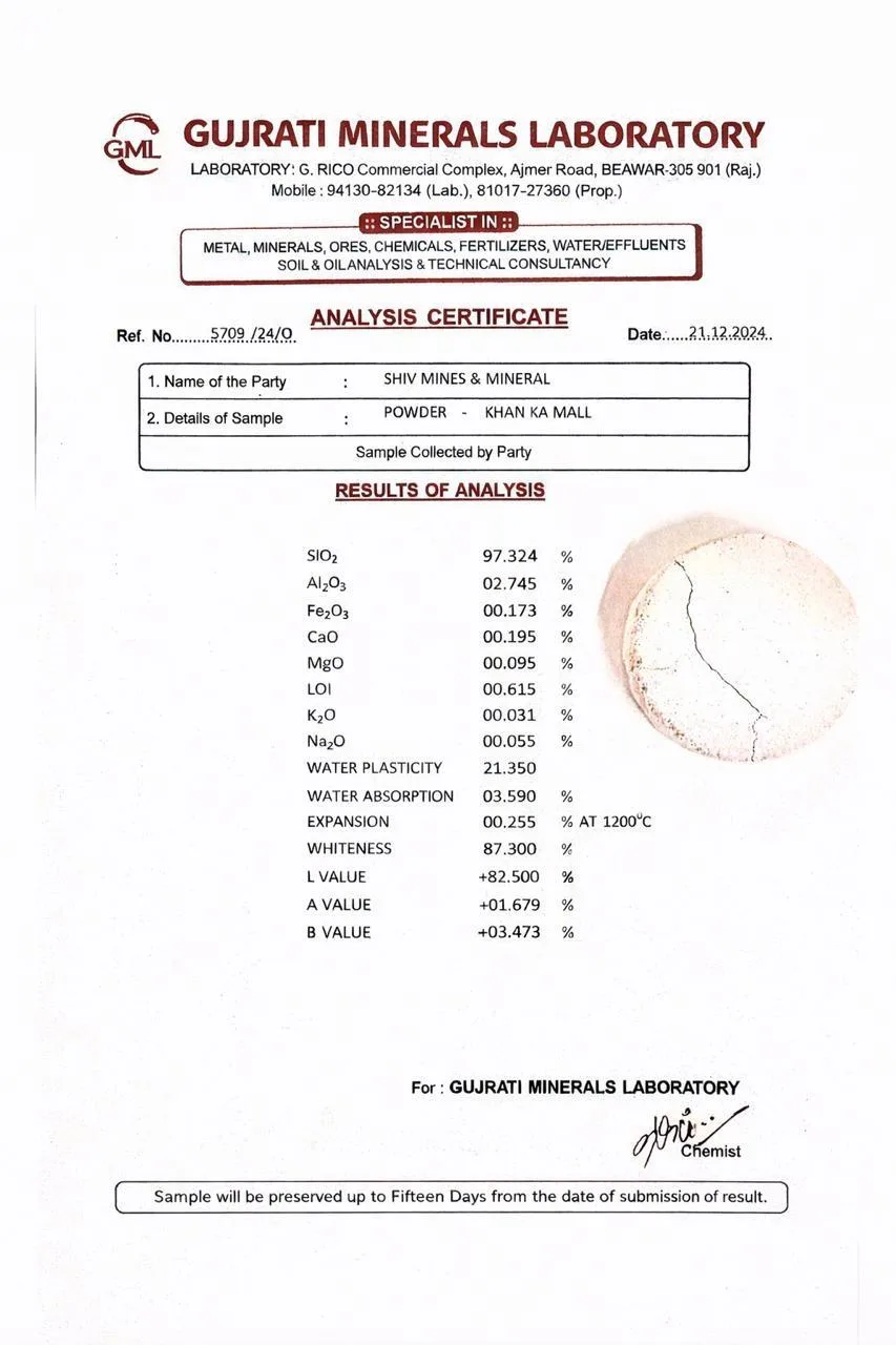 Gujrati Minerals Laboratory analysis certificate for Shiv Mines and Minerals silica (Ref. 5709/24/O) showing SiO₂ 97.324%, Fe₂O₃ 0.173%, whiteness 87.3%