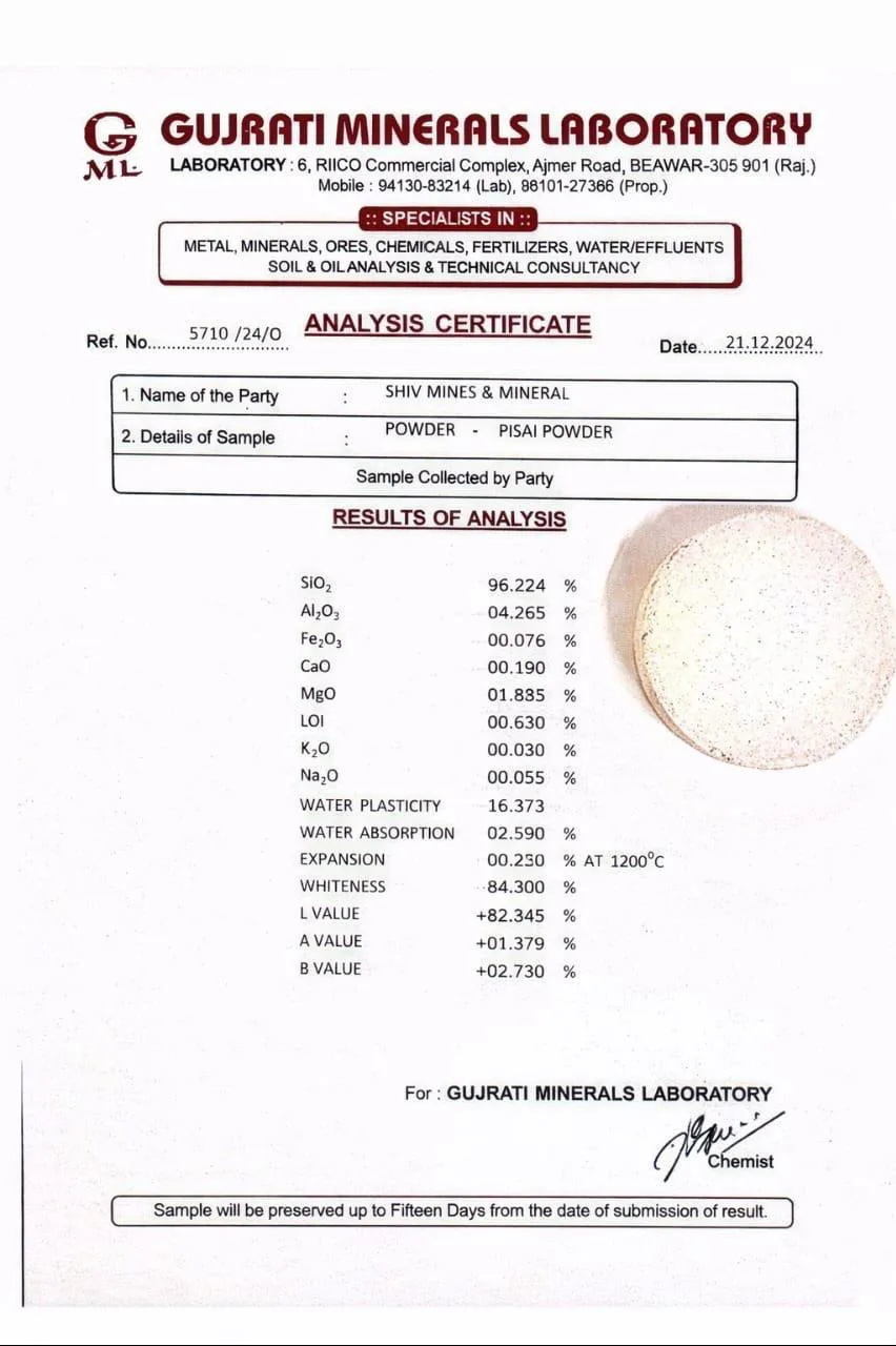 Gujrati Minerals Laboratory analysis certificate for Shiv Mines and Minerals silica powder (Ref. 5710/24/O) showing SiO₂ 96.224%, Fe₂O₃ 0.076%, whiteness 84.3%